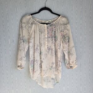 Lauren Conrad XS Sheer Peasant‎ Top Pale Pastel Floral Ethereal Fairy Boho